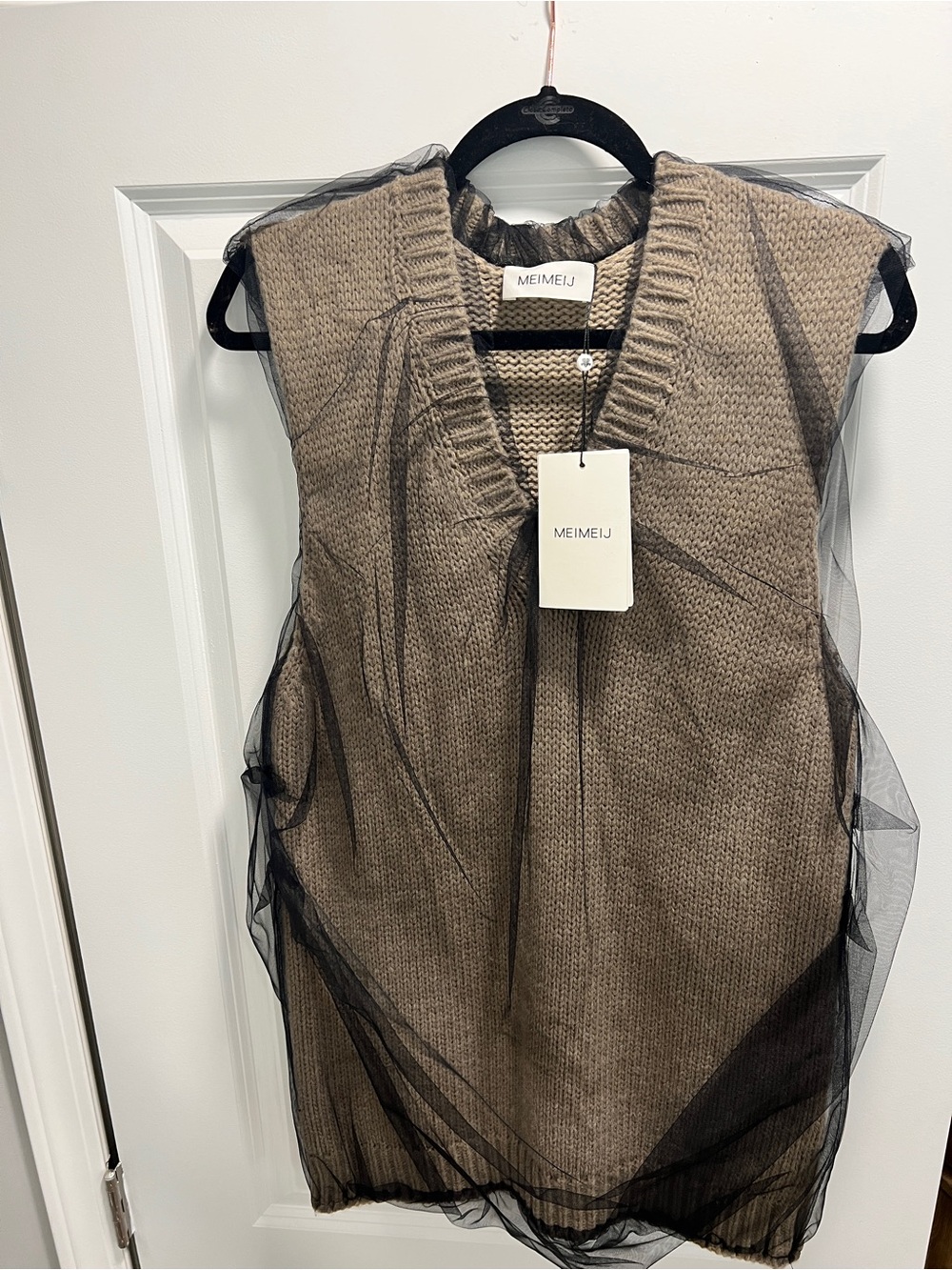 MeiMeij - Taupe Knit V-Neck Sleeveless Tunic